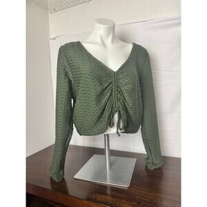 Olive Green Honeycomb Textured Ruched Top Fashion to Figure, Size 2X